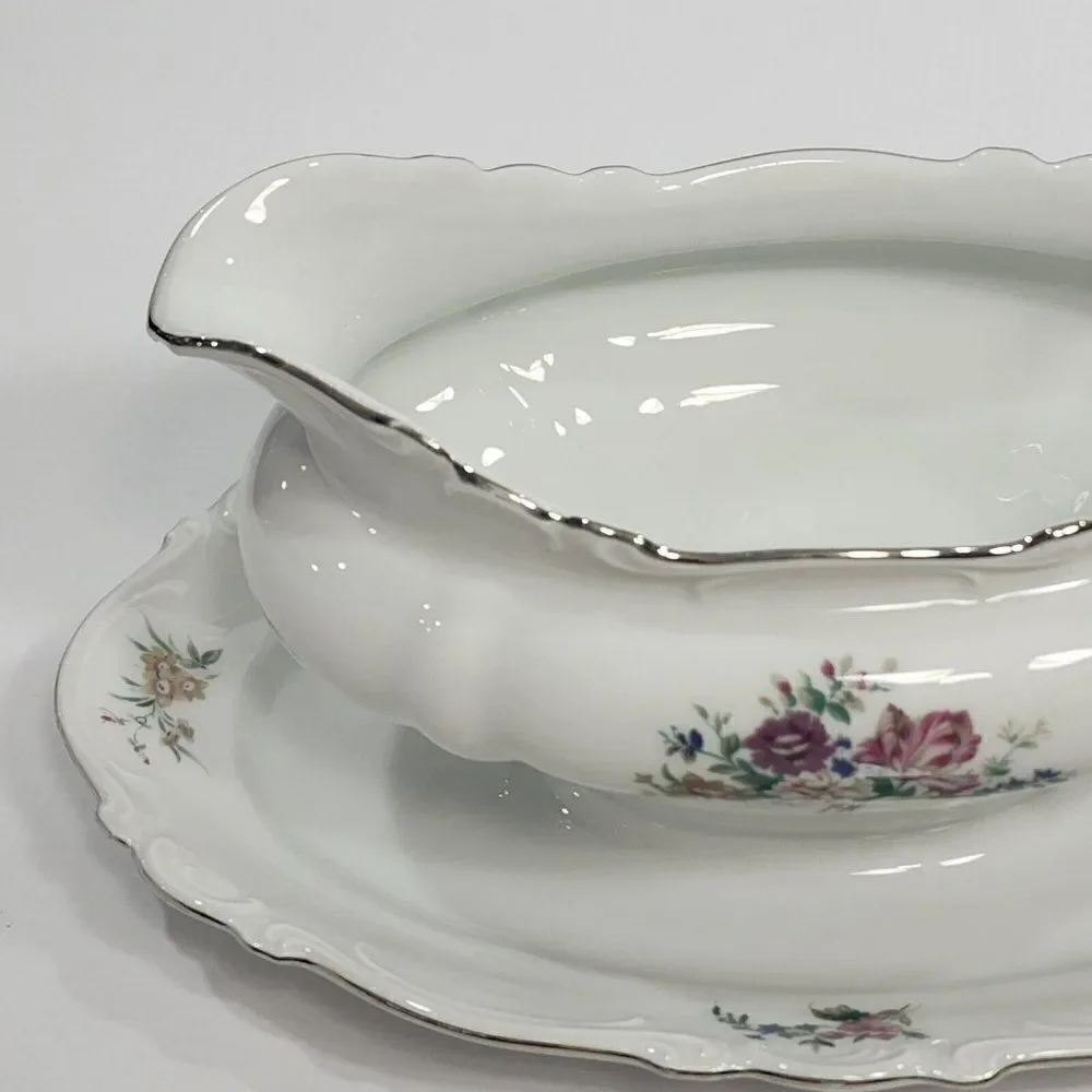 Crown‎ Bavaria Gravy Boat w Attached Underplate Germany Silver Trim Bouquet